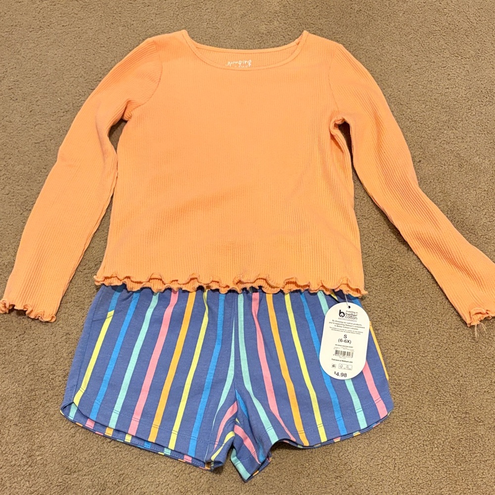 Orange Long Sleeve Top with Striped Shorts